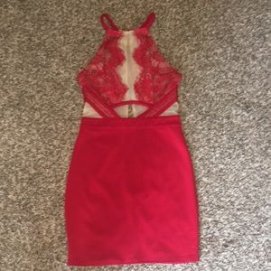 Luxxell Red Sheer Lace Dress